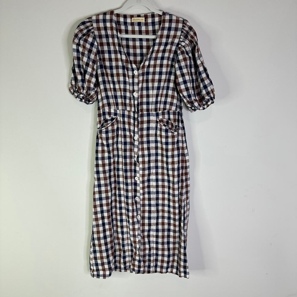 Brunna.Co Meghan Gingham plaid Linen Midi Dress size small